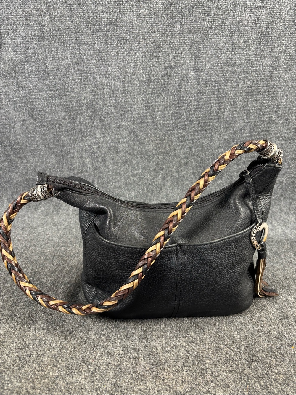 Brighton Black Leather Shoulder Bag with Braided Strap